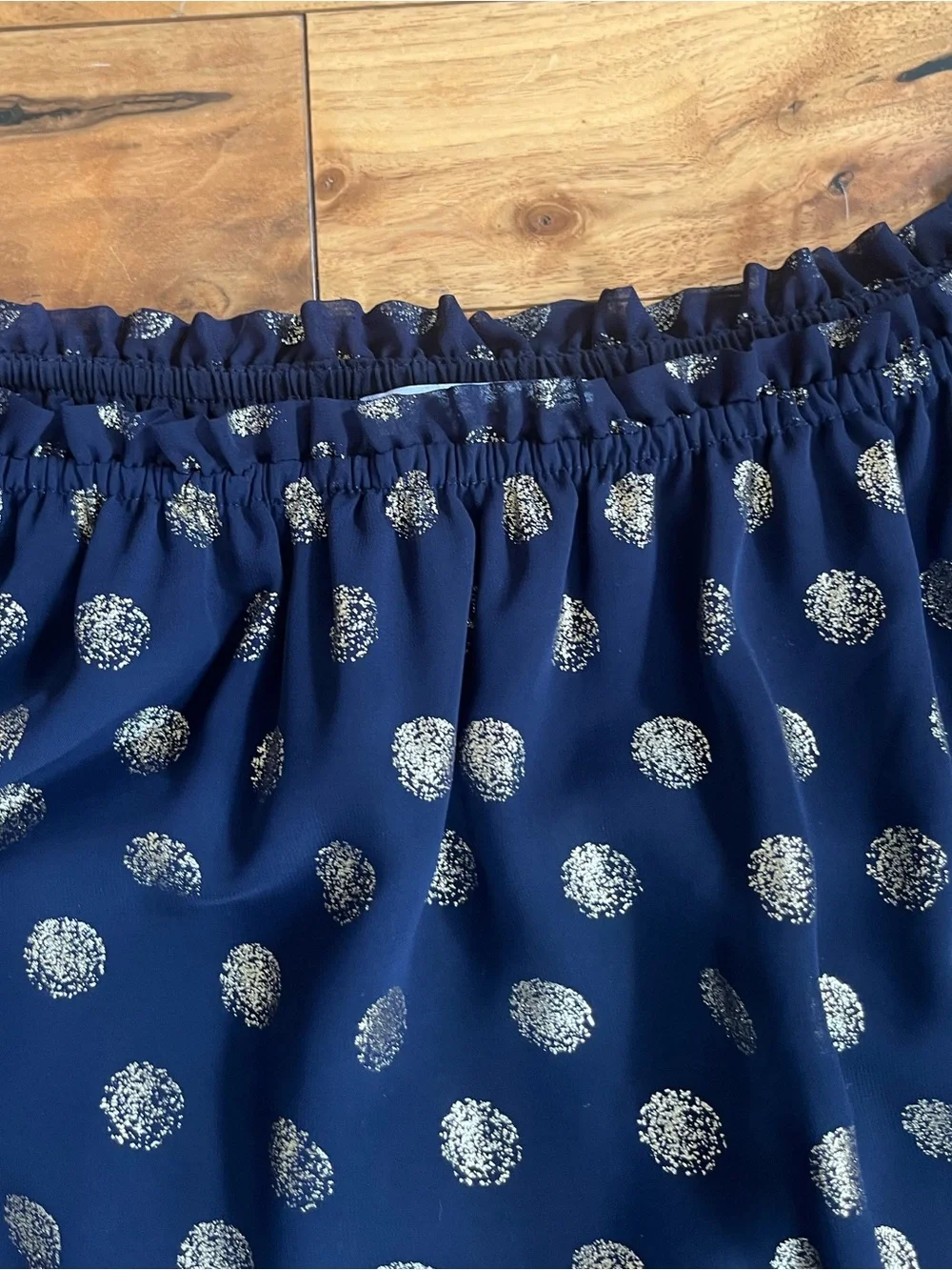 Joseph Ribkoff Navy and Gold Polka Dot Off-Shoulder Pillow Sleeve Ruffle Blouse - Picture 7 of 12